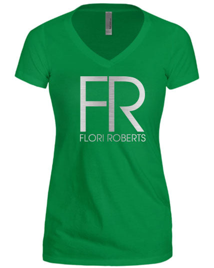 Flori Roberts FR Logo Kelly Green V Neck Shirt Silver Foil
