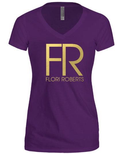 Flori Roberts FR Logo Purple V Neck Shirt Gold Foil