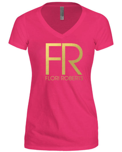 Flori Roberts FR Logo Raspberry V Neck Shirt Gold Foil